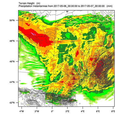Carte de cumul de pluie (en mm) calculée par le modèle WRF le 6 mai 2017 avec le forçage météorologique GFS de 00Z